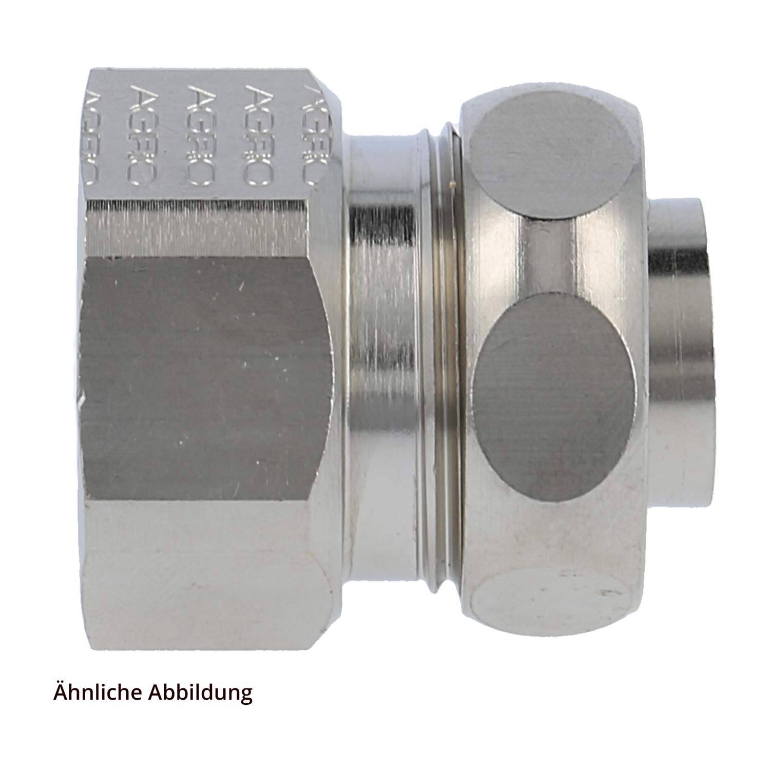Metallische Sechskantmutter neben einer kreisförmigen, silbernen Kupplung mit gravierten Designs und Mustern, verwendet zum Verbinden von Rohren. Etikett liest 'Ähnliche Abbildung'.