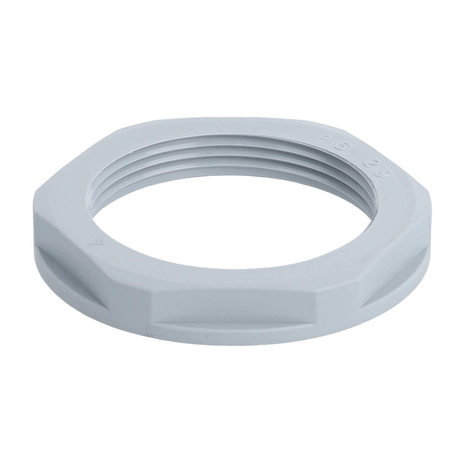 Ein weißer Kunststoffring mit interner Gewindestruktur, von oben betrachtet vor einfachem Hintergrund.