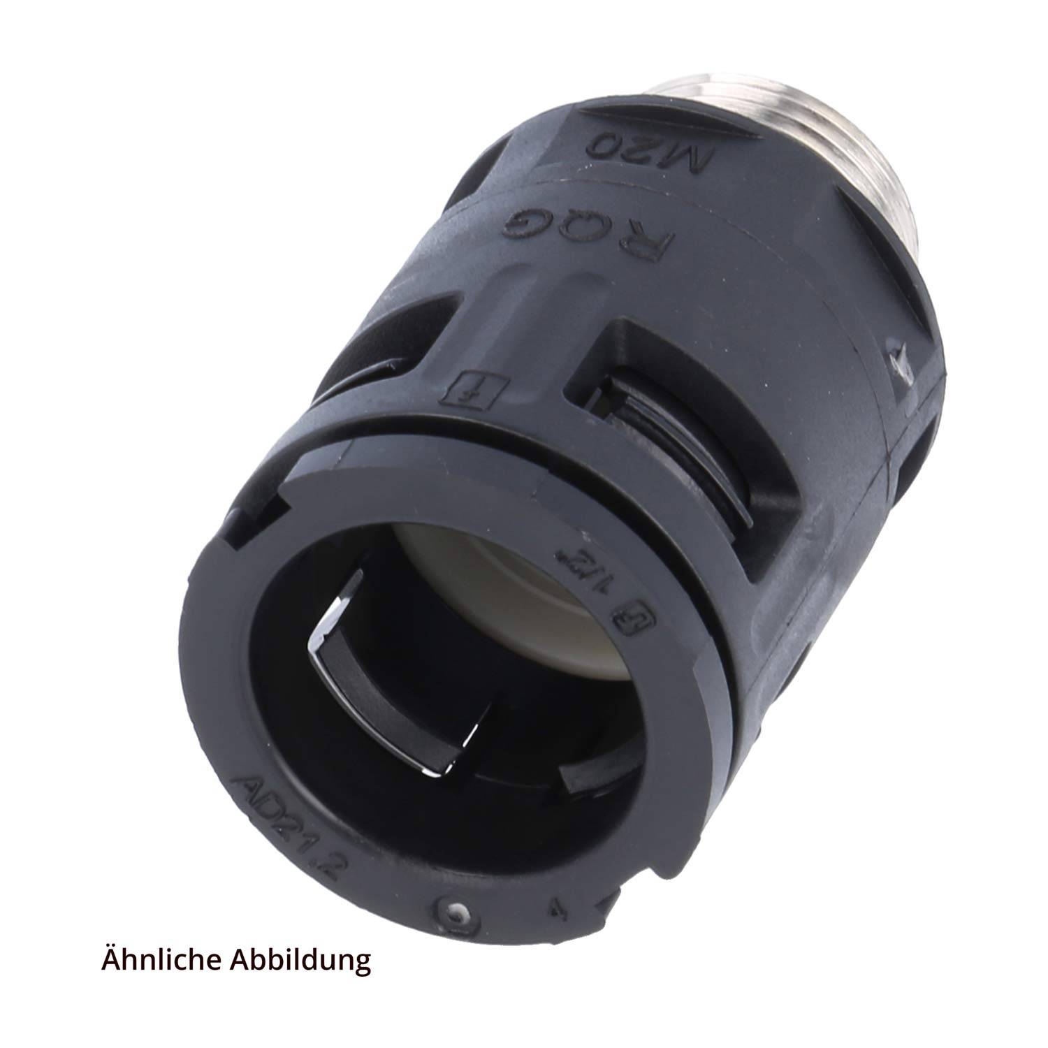 Ein schwarzer, zylindrischer Stecker mit Rillen und Metallgewinde. Wesentlich für elektrische Verbindungen. Der Text lautet „Ähnliche Abbildung.