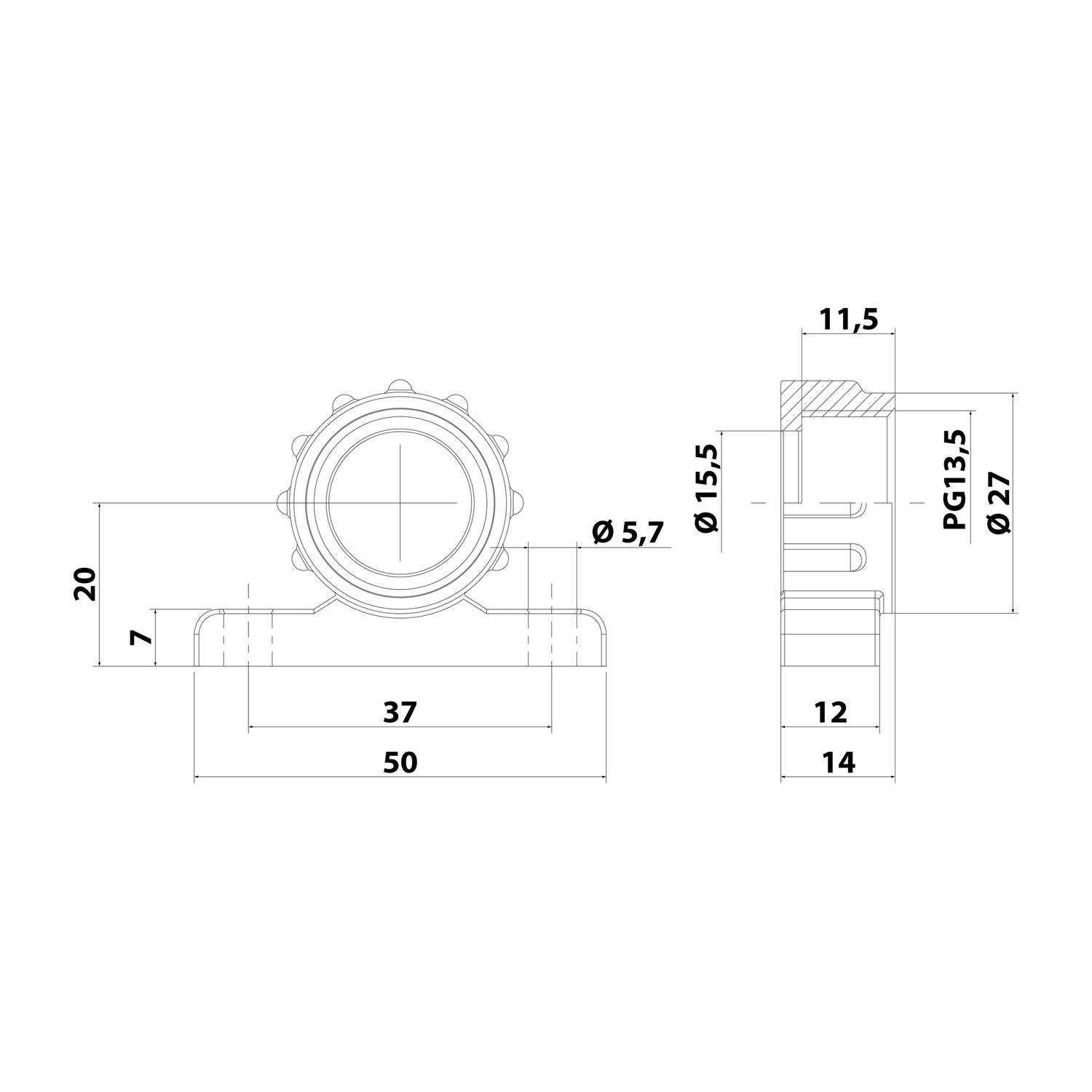 FLEXA FVBW Befestigungswinkel mit Gewinde PG13,5x1,41 für PG13.5 Schlauchverschraubungen Anschraubloch 37,0mm Bohrung