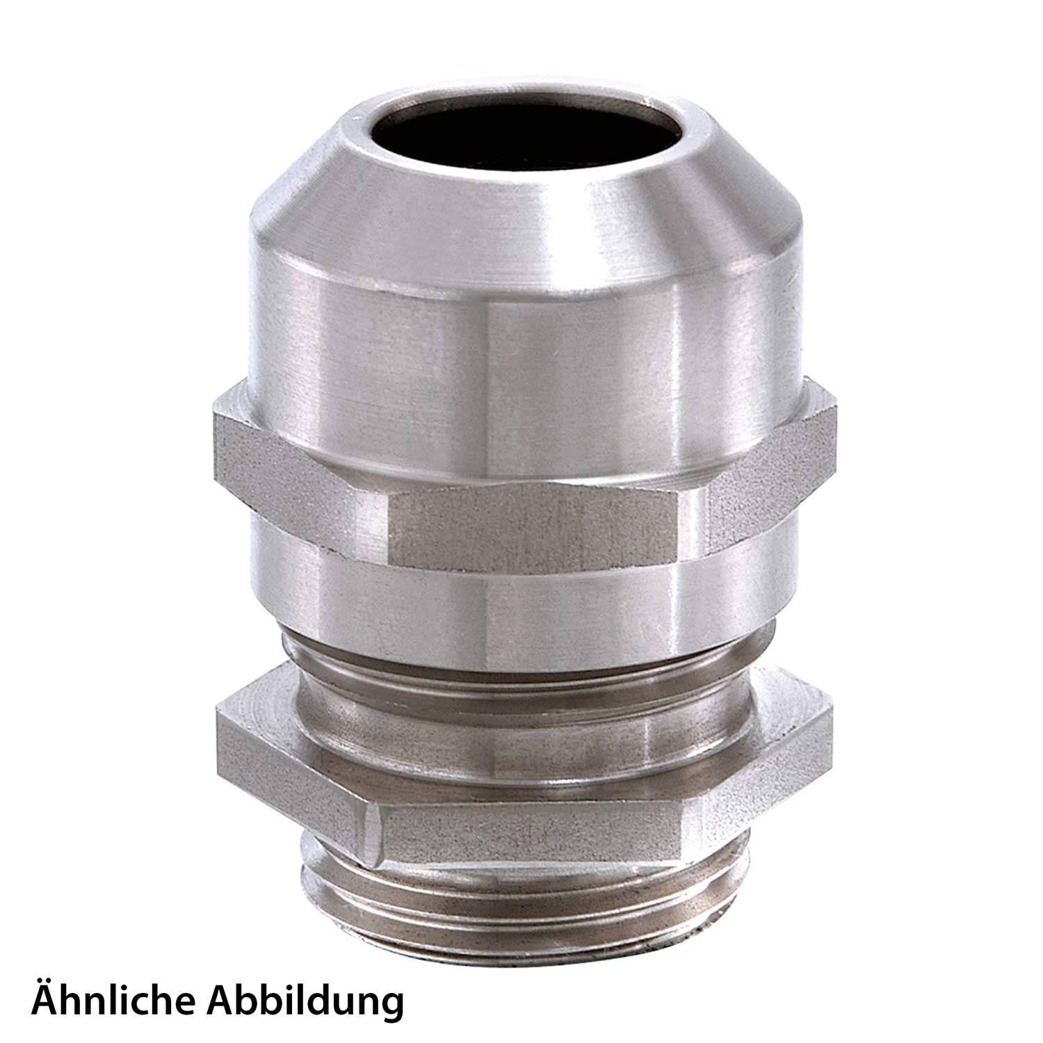 Metallische Schraubverbindung mit sechseckiger Mutter und zylindrischer Form, verwendet zum Befestigen von Kabeln oder Rohren. Silberfarben.