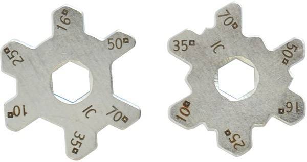 Zwei Drahtmessgeräte aus Silber mit verschiedenen Messmarkierungen, einschließlich 50°, 70°, 35° und 10°. Verwendet zur Bestimmung der Drahtdicke.