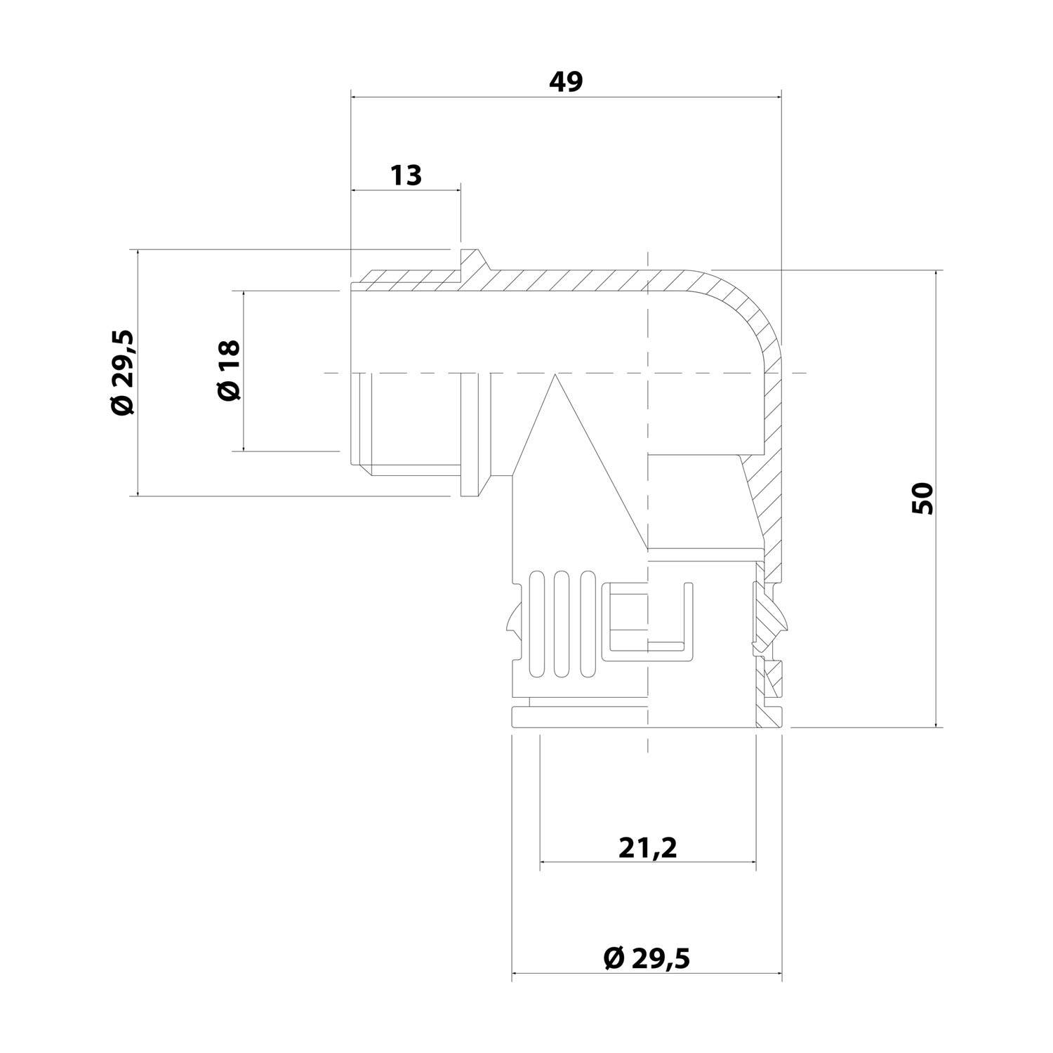 Technische Zeichnung einer L-förmigen Rohrfitting. Die Abmessungen umfassen Längen von 49 und 50 Einheiten, mit Durchmessern von 29,5 und anderen beschrifteten Messungen.