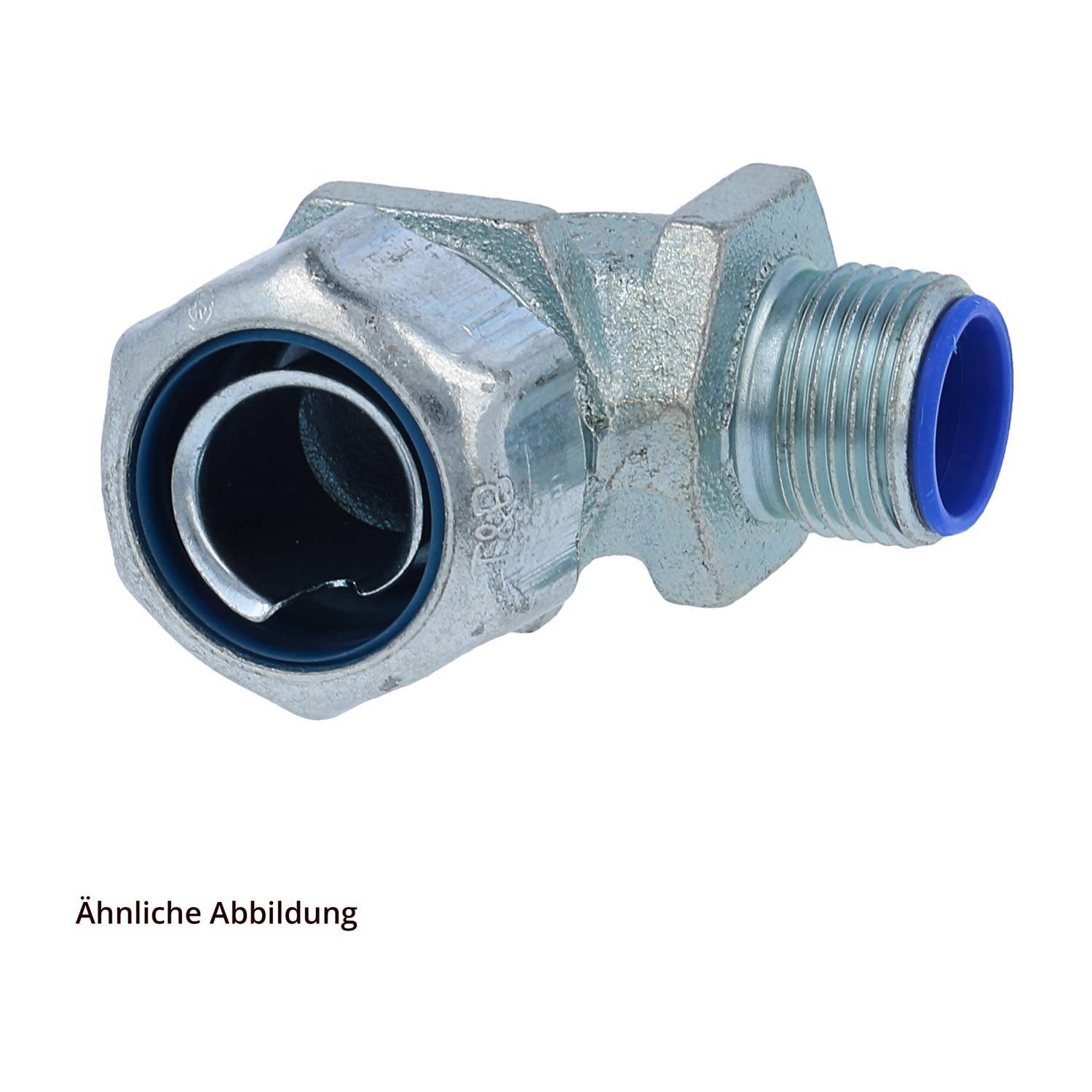 Ein Metallrohranschluss mit einem geränderten blauen Ring am Ende und einem sechseckigen Körper, in deutscher Beschriftung als 'Ähnliche Abbildung' gekennzeichnet.