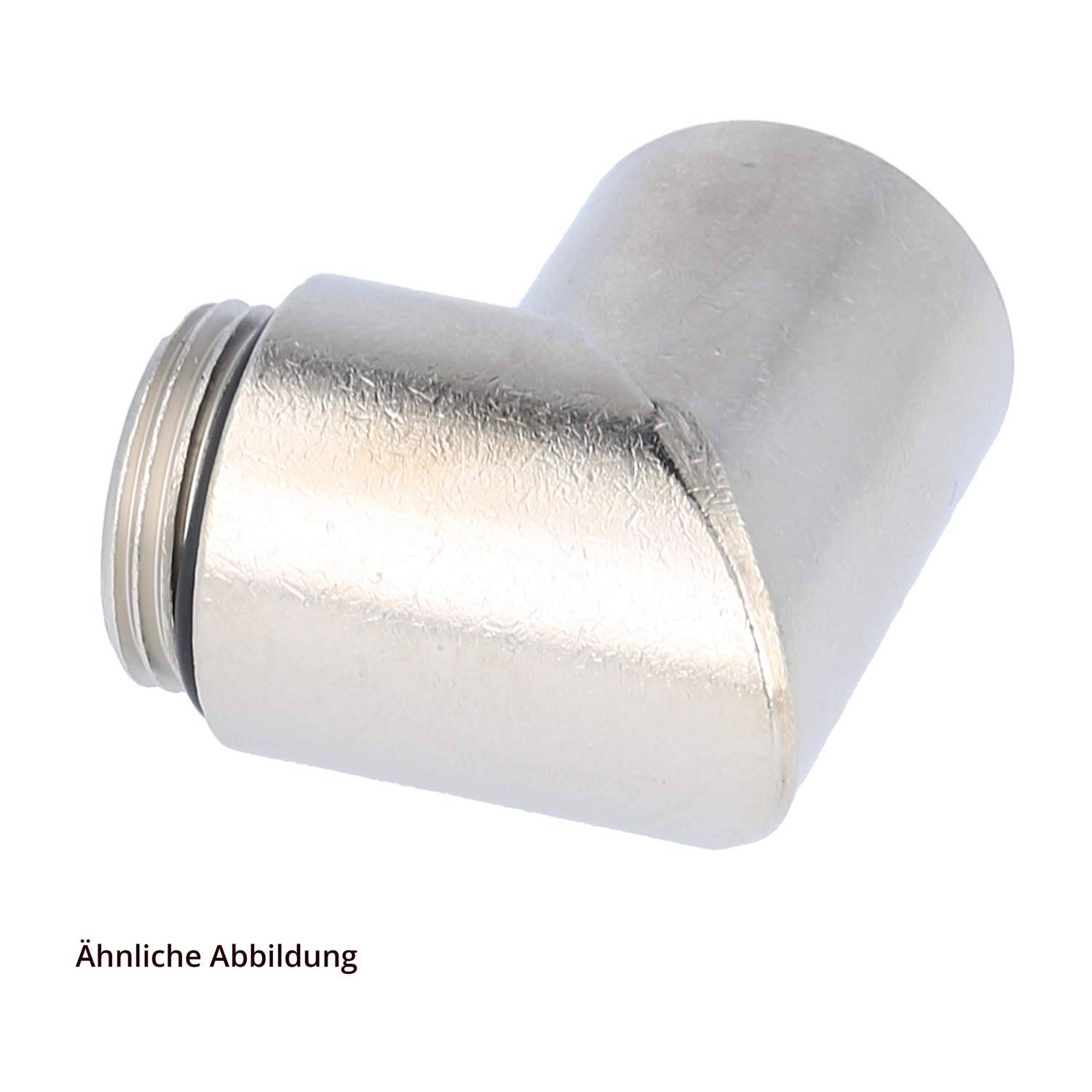 Eine Metallrohrverbindung in Ellbogenform, die zum Verbinden von Rohren in einem 90-Grad-Winkel verwendet wird, mit einer glatten silbernen Oberfläche.