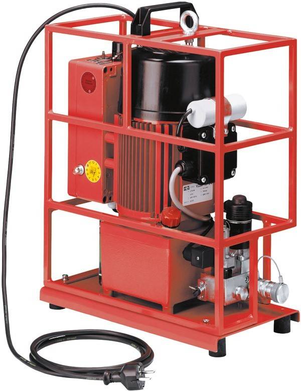 Rote hydraulische Krafteinheit in einem Metallrahmen mit schwarzem Motor und angeschlossenen Kabeln. Verwendet für hydraulische Anwendungen.