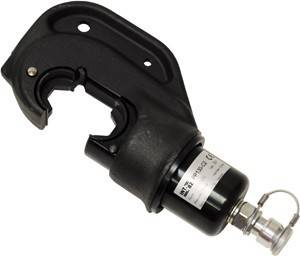 Das Bild zeigt ein hydraulisches Crimpwerkzeug mit einem schwarzen Griff und einem Metallgehäuse. Es wird üblicherweise zum Crimpen von Kabeln oder Drähten verwendet.