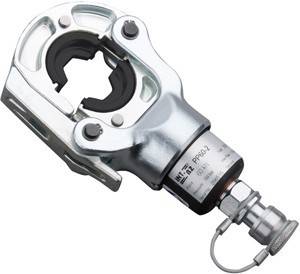 Ein hydraulisches Crimpwerkzeug mit metallischer Oberfläche, verwendet zum Pressen von Verbindern auf Kabel. Angeschlossen ist ein hydraulischer Kupplungsanschluss.