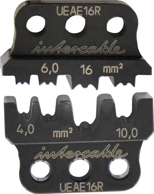 Kabelcrimpwerkzeug-Einsätze der Marke 'intercable' mit Messungen '6,0 mm²', '16 mm²', '4,0 mm²' und '10,0 mm²' für elektrische Kabelquerschnitte.