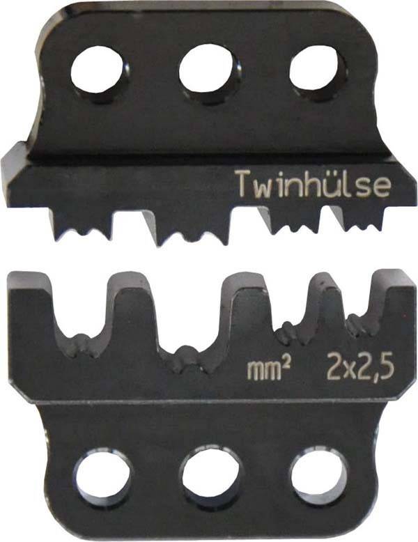 Ein Metalltool mit gezackten Kanten und Beschriftungen 'Twinhülse' und 'mm² 2x2,5', das wahrscheinlich zum Greifen oder Schneiden von Draht verwendet wird.
