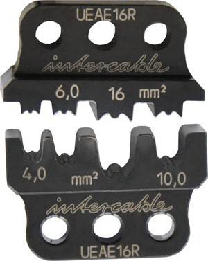 Crimpwerkzeug-Einsatz mit Löchern, beschriftet mit '4,0 mm²', '6,0 mm²', '10,0 mm²' und '16 mm²' für verschiedene Kabelquerschnitte.