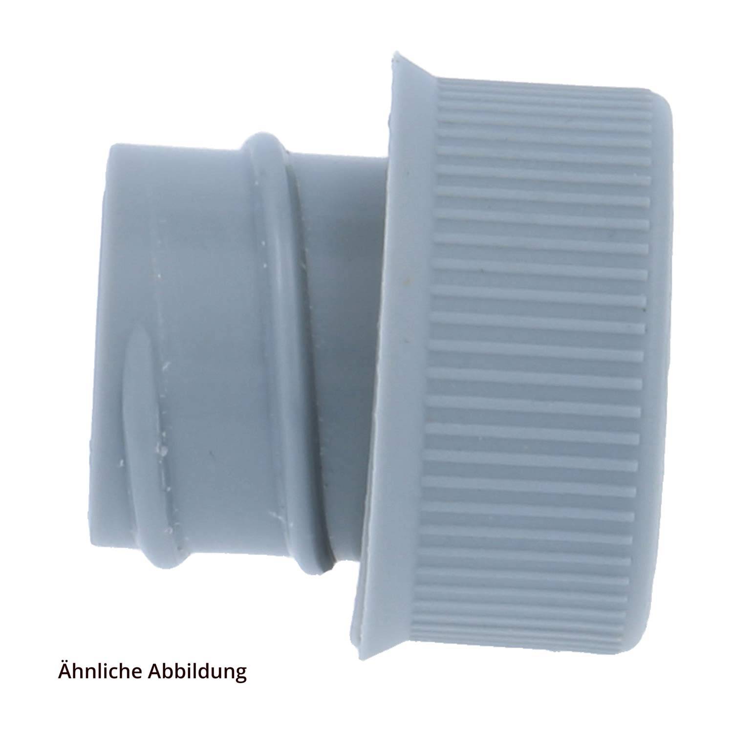 Eine graue, geriffelte Plastikkappe mit zylindrischer Form, von der Seite gegen einen weißen Hintergrund betrachtet.