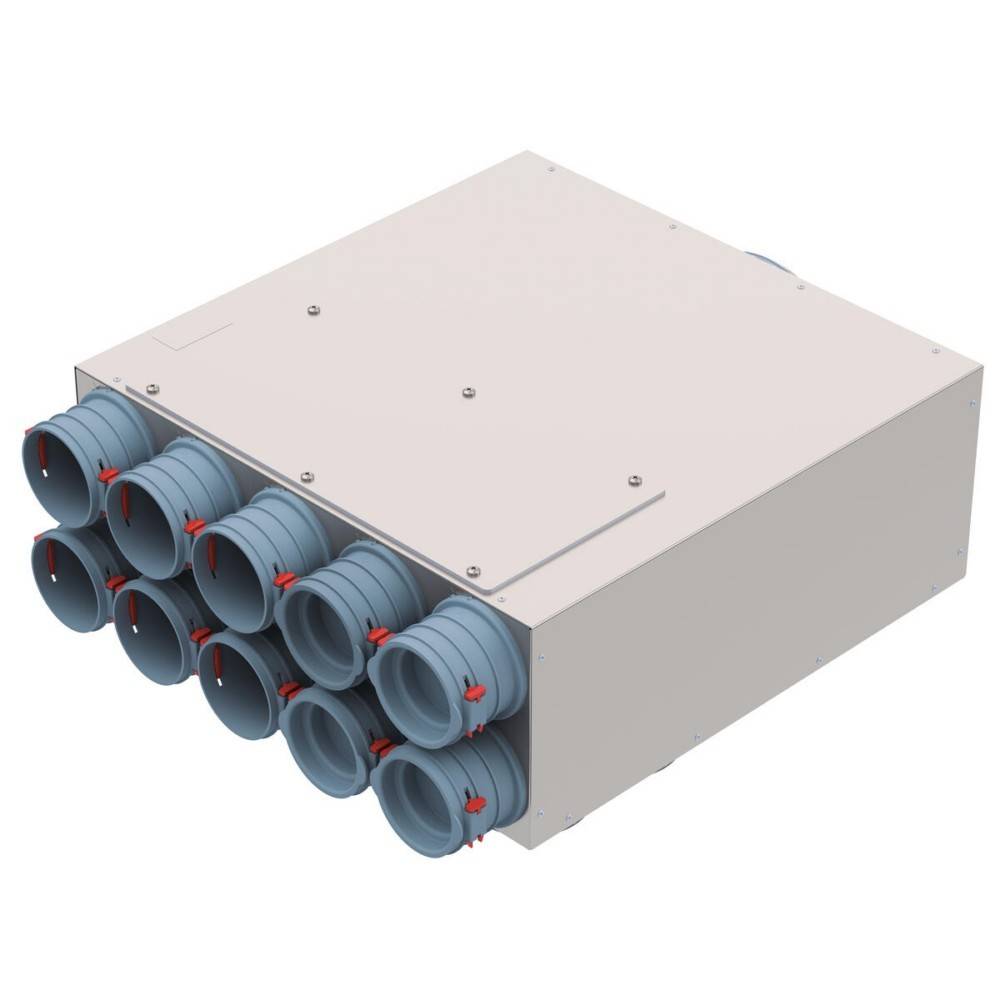 Rechteckiges Metall-Elektrogehäuse mit mehreren blauen Kabelkonduit-Anschlüssen an einem Ende, dargestellt in einer 3D-Produktansicht.