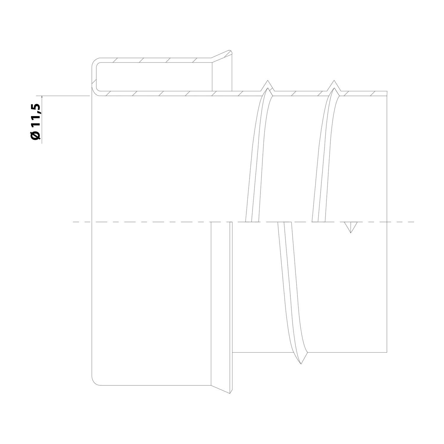 Technisches Diagramm mit einem Querschnitt eines Rohrs mit einem Durchmesser von 11,5 Einheiten, mit detaillierten Strukturdesign-Elementen.