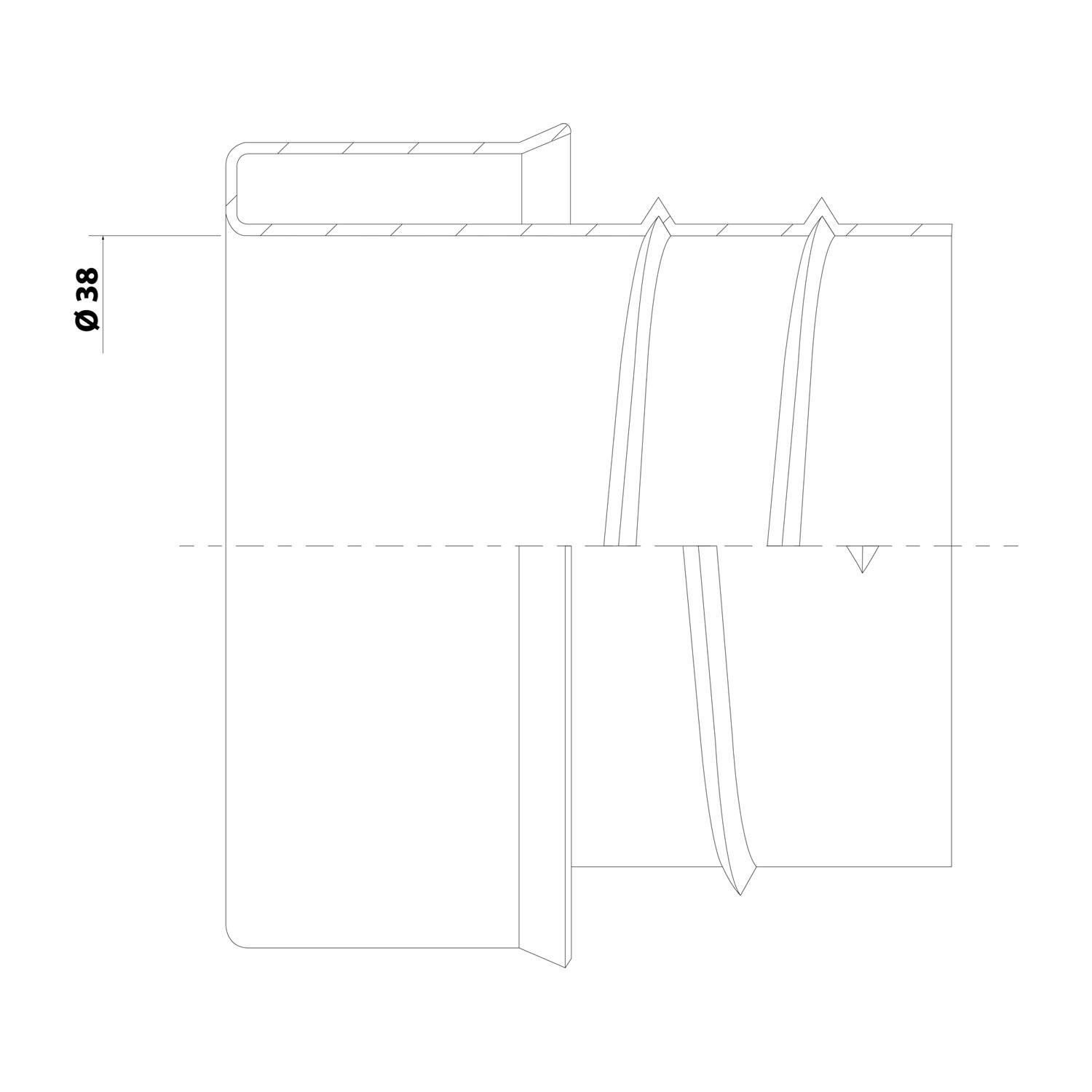 Technische Zeichnung einer mechanischen Komponente mit einem als 'Ø 38' markierten Durchmesser. Die Komponente weist mehrere Abschnitte mit unterschiedlichen Vorsprüngen auf.