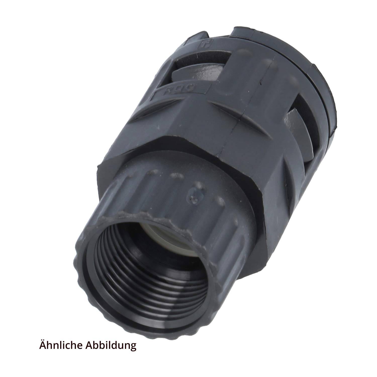 Ein schwarzer, zylindrischer Stecker mit Innengewinde und gerillter Außenseite, der zur sicheren Verbindung von Kabeln oder Rohren verwendet wird. Der Text „Ähnliche Abbildung