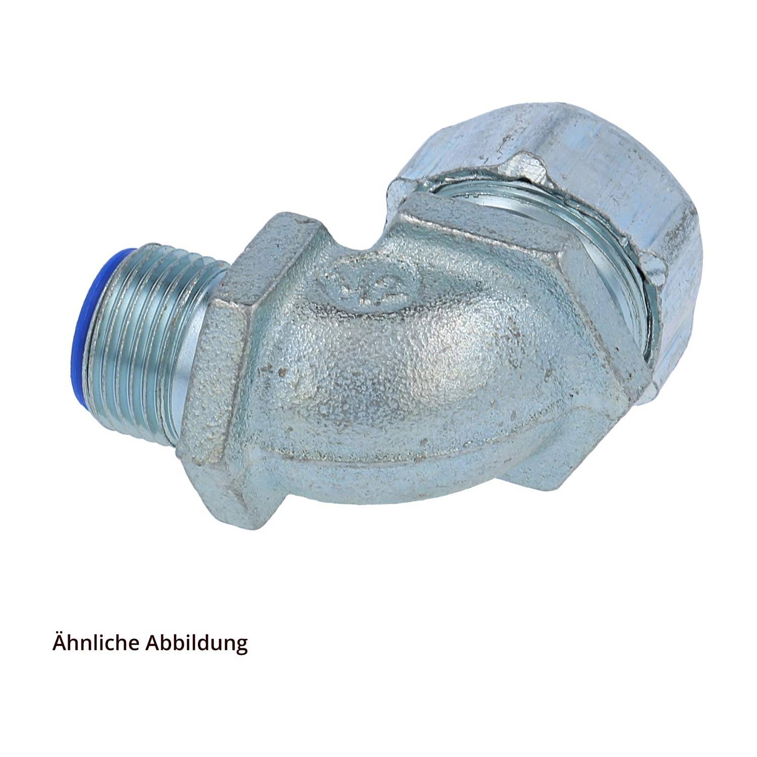 Ein 90-Grad-Metallrohranschluss mit Gewinde an beiden Enden, der zum Verbinden von Rohrabschnitten in der Sanitär- oder Industrietechnik verwendet wird.