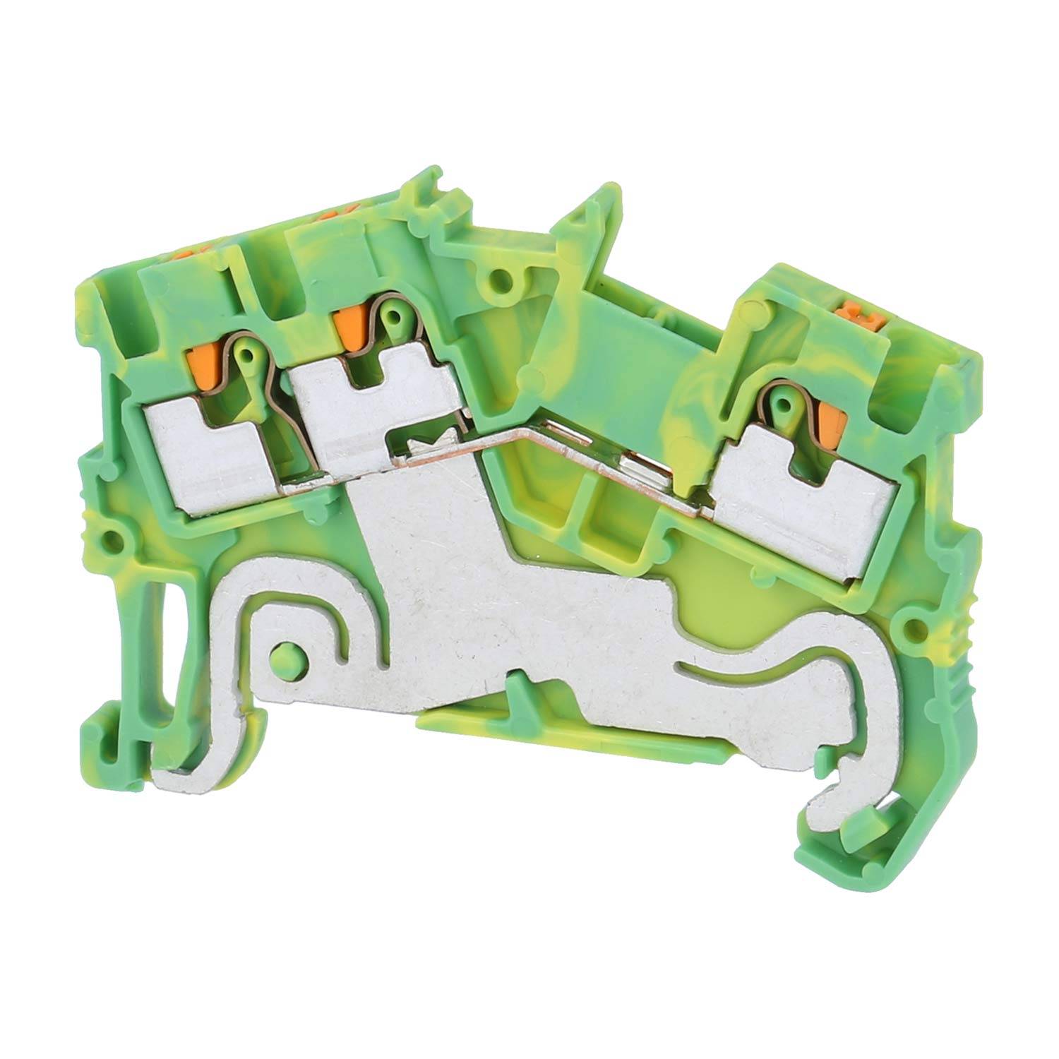 Ein grün-gelbes Elektroklemmenblock mit Metallkomponenten, der zum Verbinden von Leitungen in Stromkreisen ausgelegt ist.