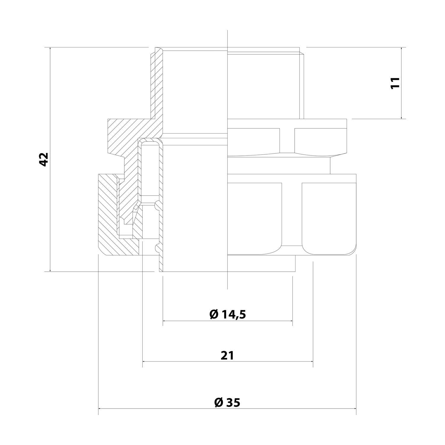 Querschnittzeichnung einer technischen Zeichnung, die eine mechanische Komponente mit Abmessungen zeigt: Höhe 42, Durchmesser 35 und weitere gekennzeichnete Maße.