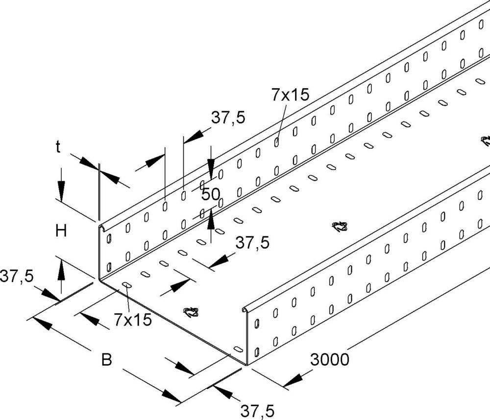 Stahlkabelbahn-Diagramm mit Löchern, Abmessungen: Breite '50', Höhe 'H', Basis 'B', Länge '3000', Lochgröße '7x15', und Abstand '37.5'.