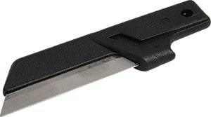 Eine scharfe Utility-Messerklinge mit einem schwarzen Kunststoffgriff, teilweise freiliegend.
