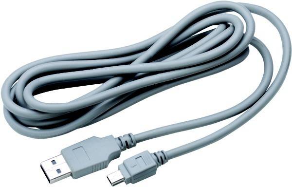Grau USB-A zu Micro-USB-Kabel, aufgerollt auf weißem Hintergrund, wobei beide Steckerenden sichtbar sind.