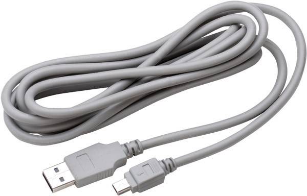 Ein aufgerolltes graues USB-Kabel mit einem Standard-USB-A-Anschluss an einem Ende und einem Micro-USB-Anschluss am anderen Ende, das zum Laden oder zur Datenübertragung verwendet wird.