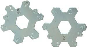 Metallwerkzeug mit mehreren Sechskantschlüsseln in verschiedenen Größen, die beschriftet sind.