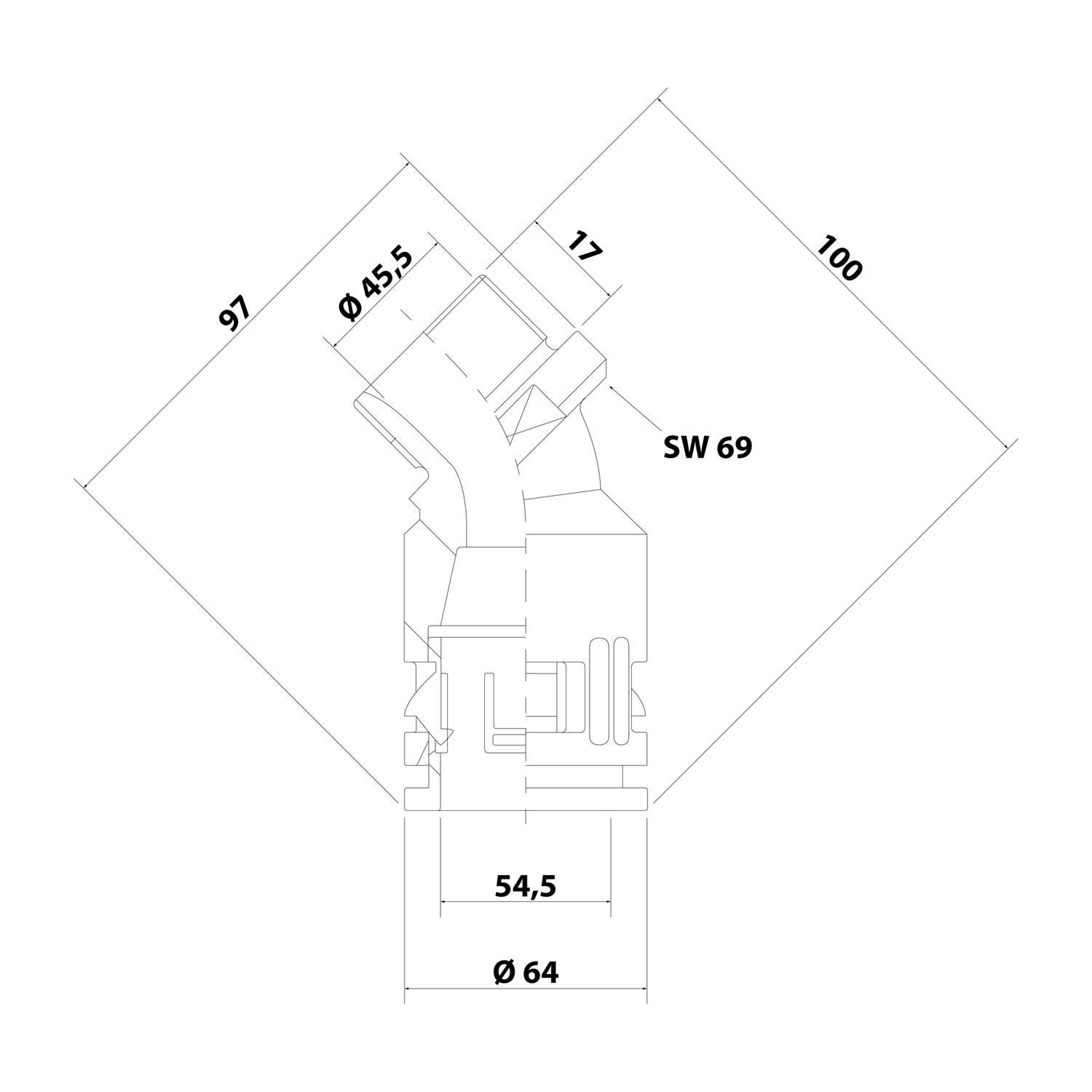 Schwarze Kunststoffrohrverbindung mit einem Gewinde an einer Seite und einem zylindrischen Ende auf der anderen Seite, mit der Bezeichnung 