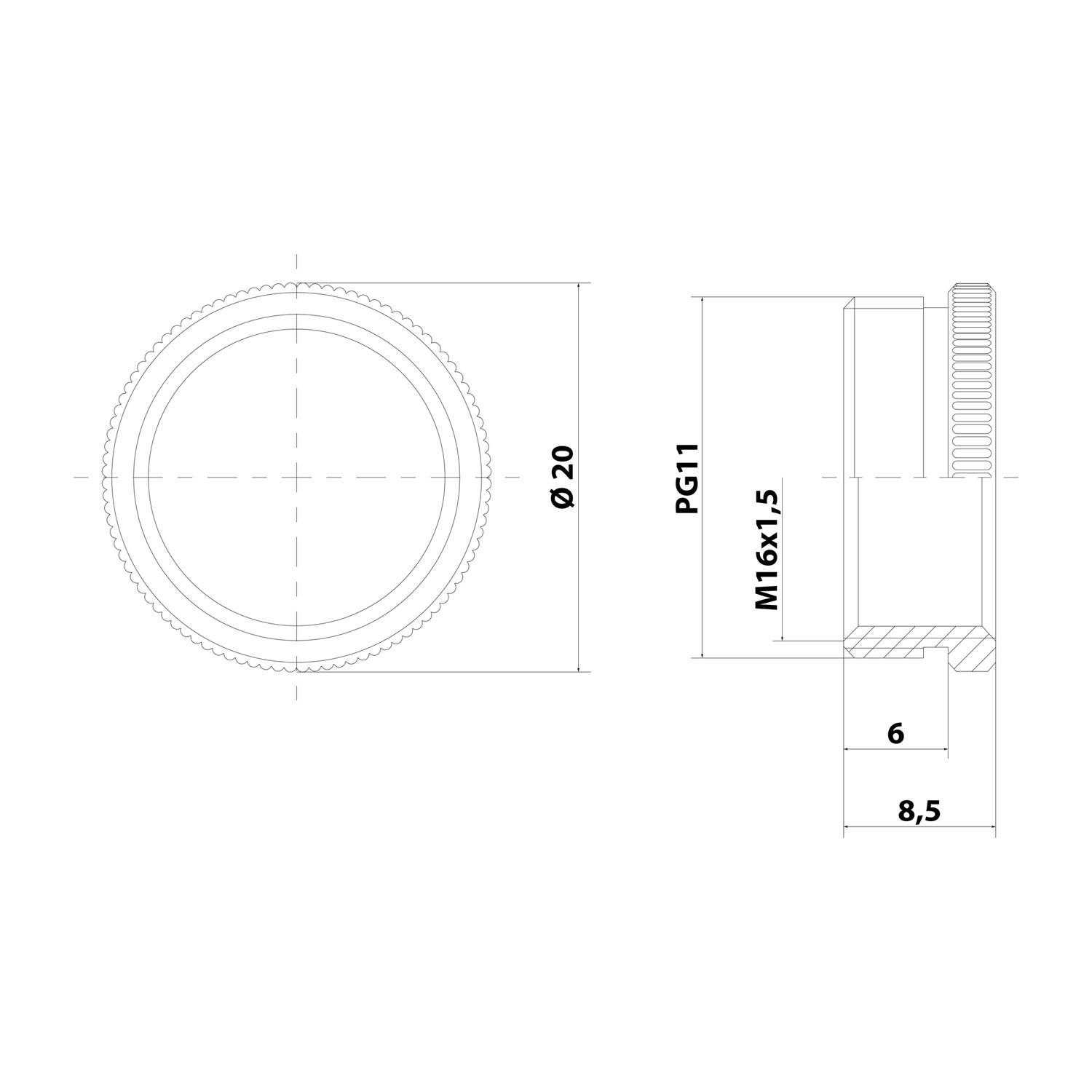 Technische Zeichnung einer kreisförmigen Komponente. Seitenansicht zeigt Abmessungen: Durchmesser 20 mm, Höhe 8,5 mm, Gewinde M16x1,5. Die Querschnittshöhe beträgt 6 mm.
