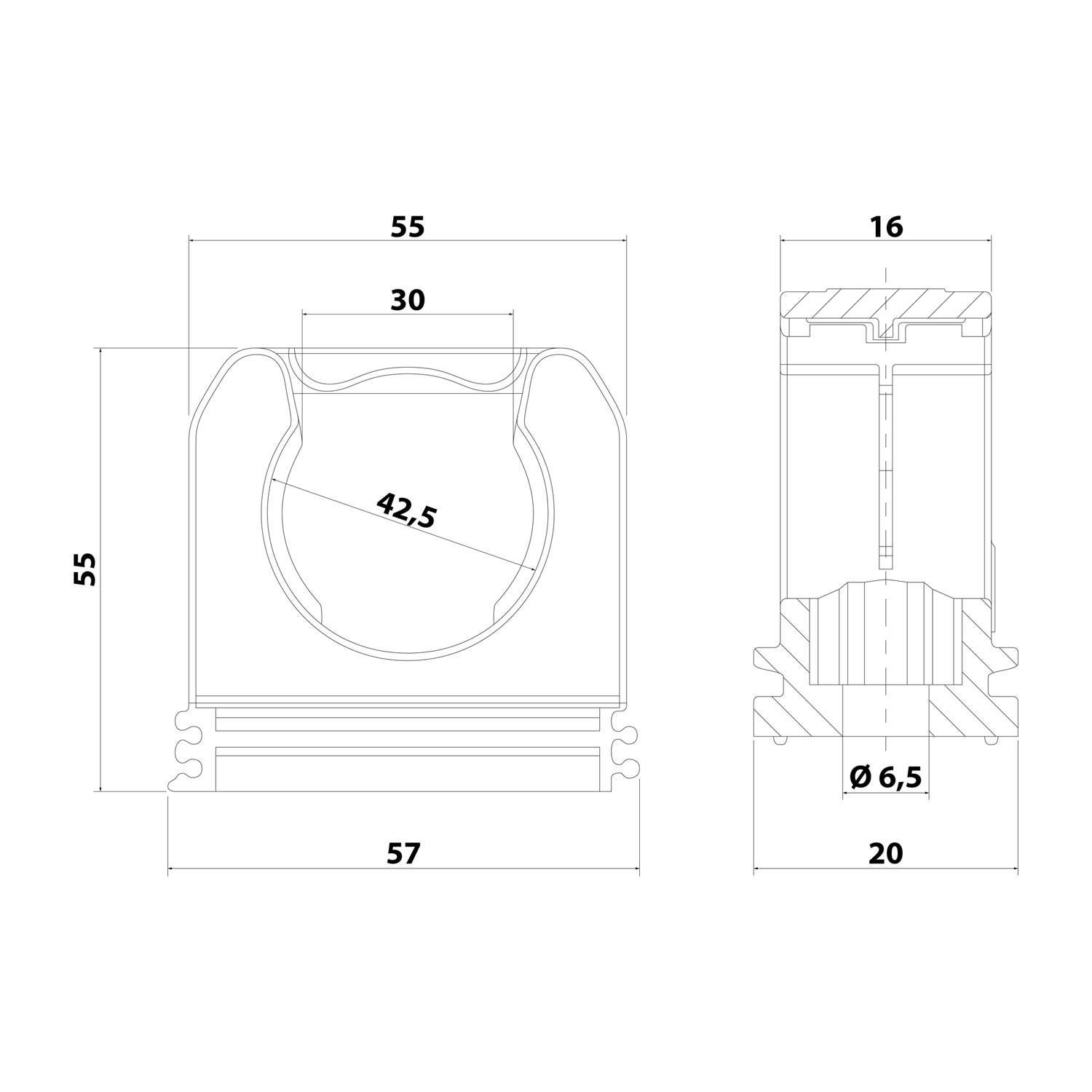 Technische Zeichnung einer mechanischen Komponente mit Maßangaben. Frontansicht: Höhe 55, Breite 57; Seitenansicht: Tiefe 20, Zylinderdurchmesser 6,5.