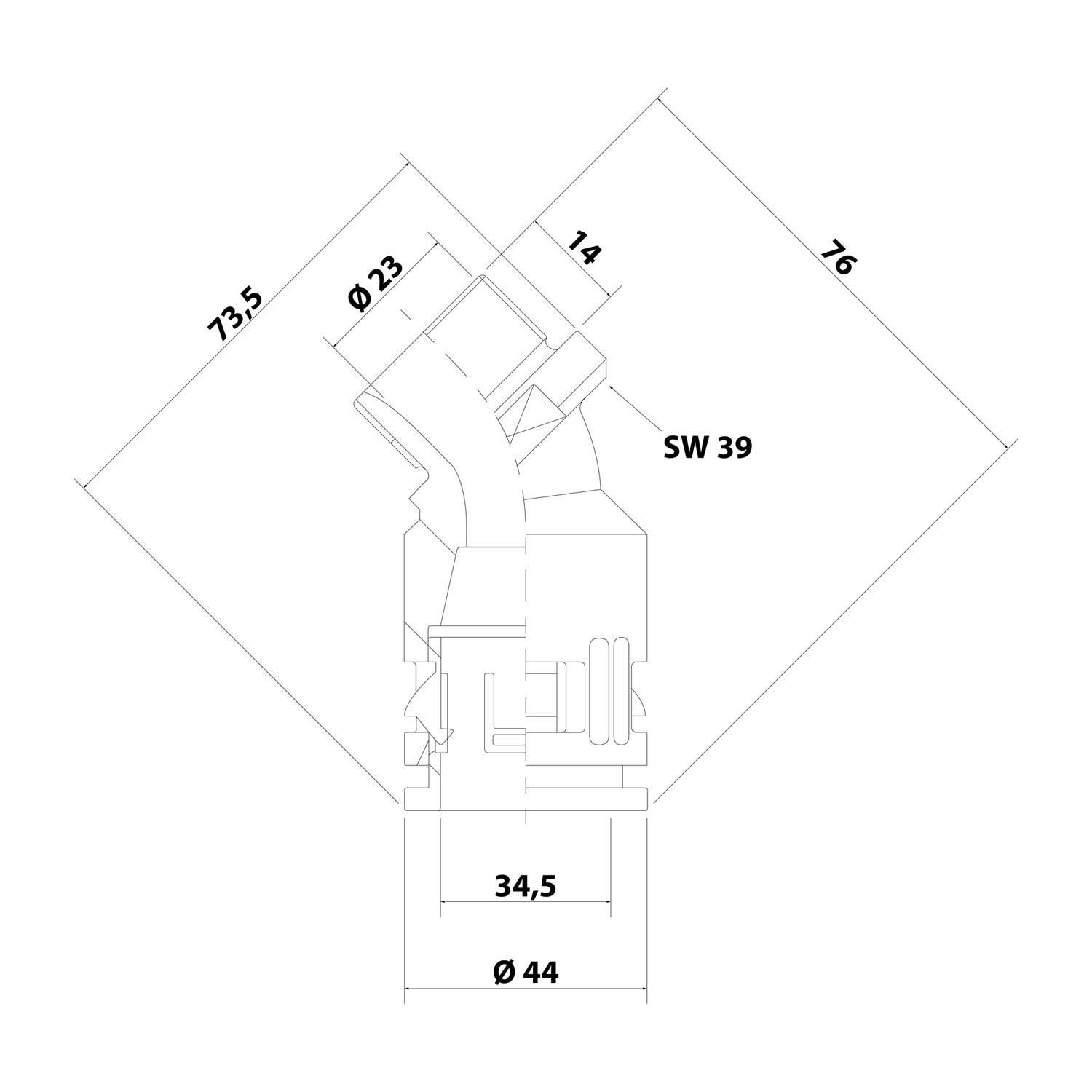 15101034232 FLEXA FVW45 Schnellverschraubung 45 Grad Bogen Gewinde M32x1,5 für Schlauch-Außendurchmesser 34,5mm konisch