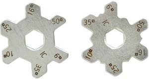Winkelmesswerkzeug aus Metall mit verschiedenen Winkeln und Gradmarkierungen (10°, 35°, 50°). Wird zur Winkelmessung in mechanischen oder technischen Anwendungen verwendet.