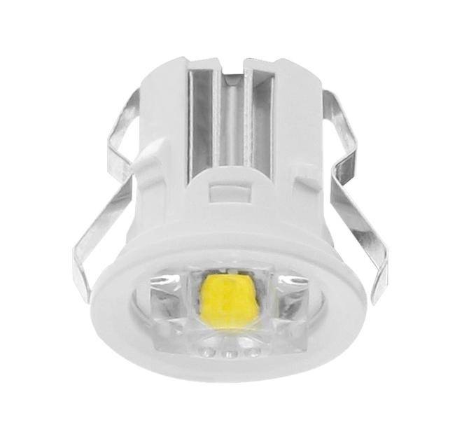 Weiße LED-Glühbirne mit Metallclips an den Seiten, von vorne betrachtet.