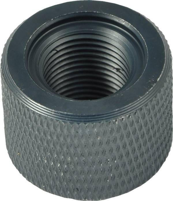 Eine schwarze, gewindete Metallmutter mit strukturierter, gerillter Außenseite zum besseren Griff, typischerweise verwendet in mechanischen oder Bauanwendungen.