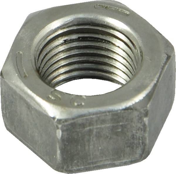 Ein Nahaufnahmebild einer metallischen Sechskantmutter, die ihr gewindetes Inneres und ihre glänzende, strukturierte Außenfläche zeigt.