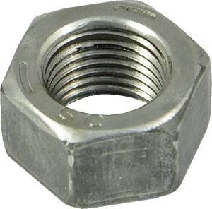 Eine Sechskantmutter aus Stahl mit sichtbarem Gewinde im Inneren, die eine glänzende Metalloberfläche zeigt und zum Befestigen an Schrauben verwendet wird.