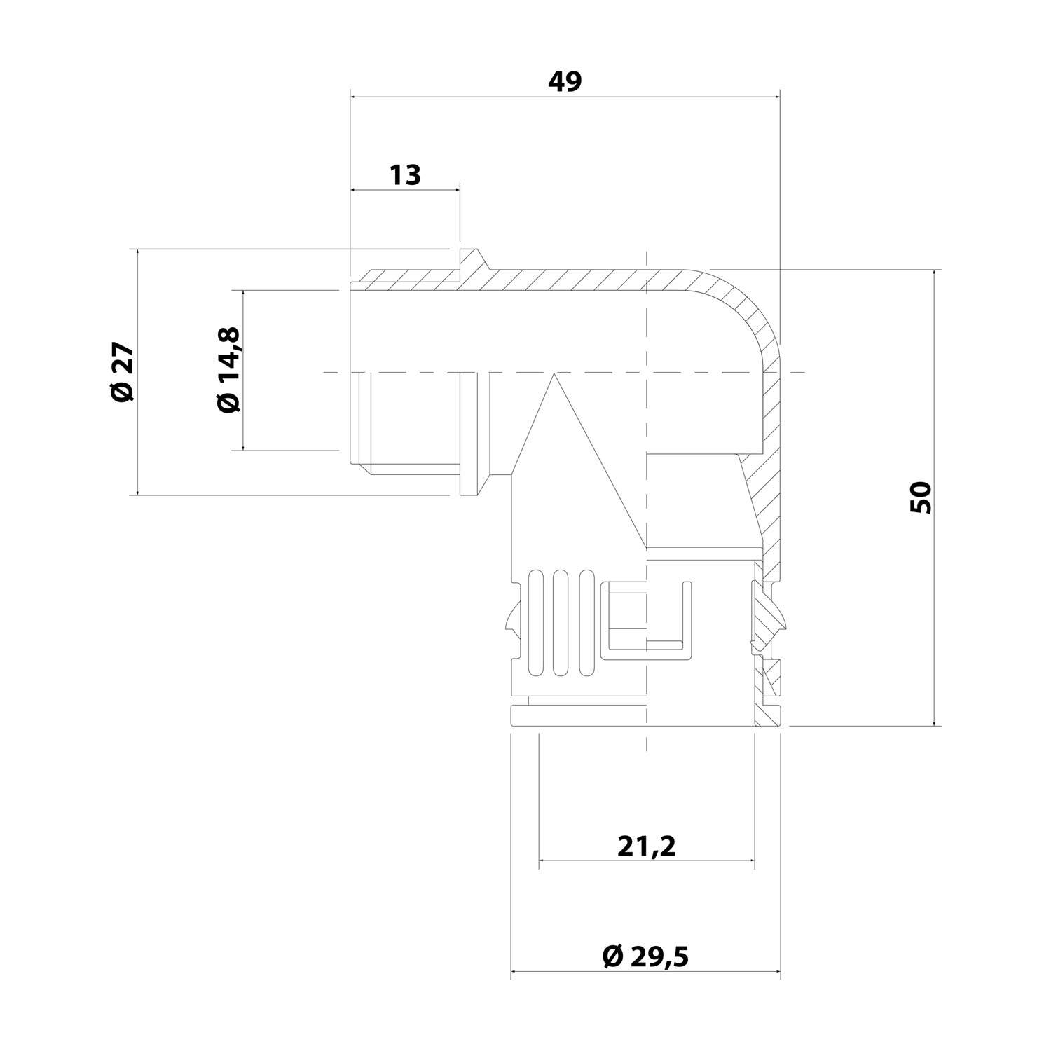 Technische Zeichnung eines Rohrbogen-Fittings mit Dimensionen: Außendurchmesser 29,5 mm, Längen 49 mm und 50 mm, unter einem Winkel.