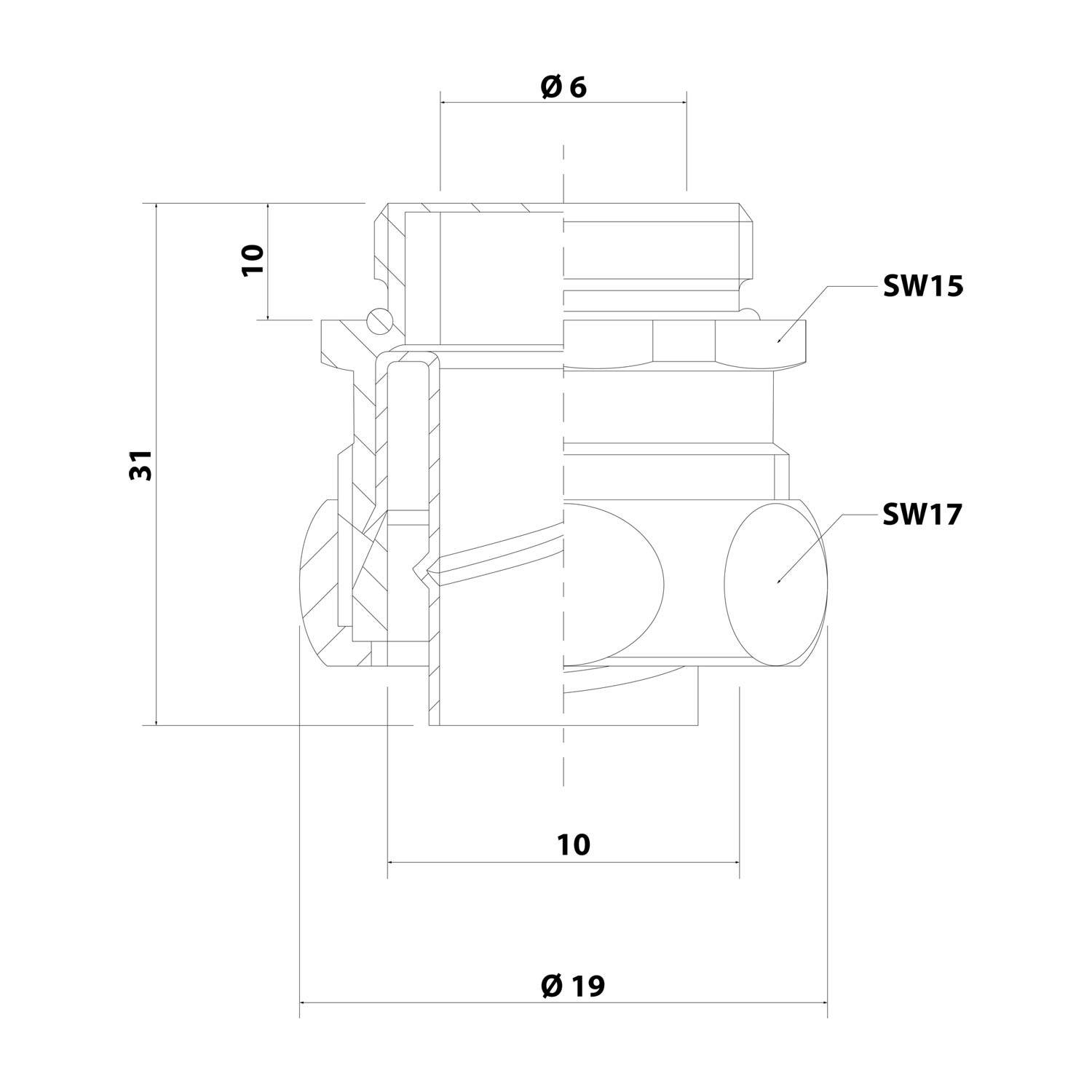 Technische Zeichnung eines mechanischen Teils mit mehreren beschrifteten Abmessungen. Wichtigste Messungen: 31 Höhe, 10 Breite, Durchmesser 6 und 19, SW15 und SW17.