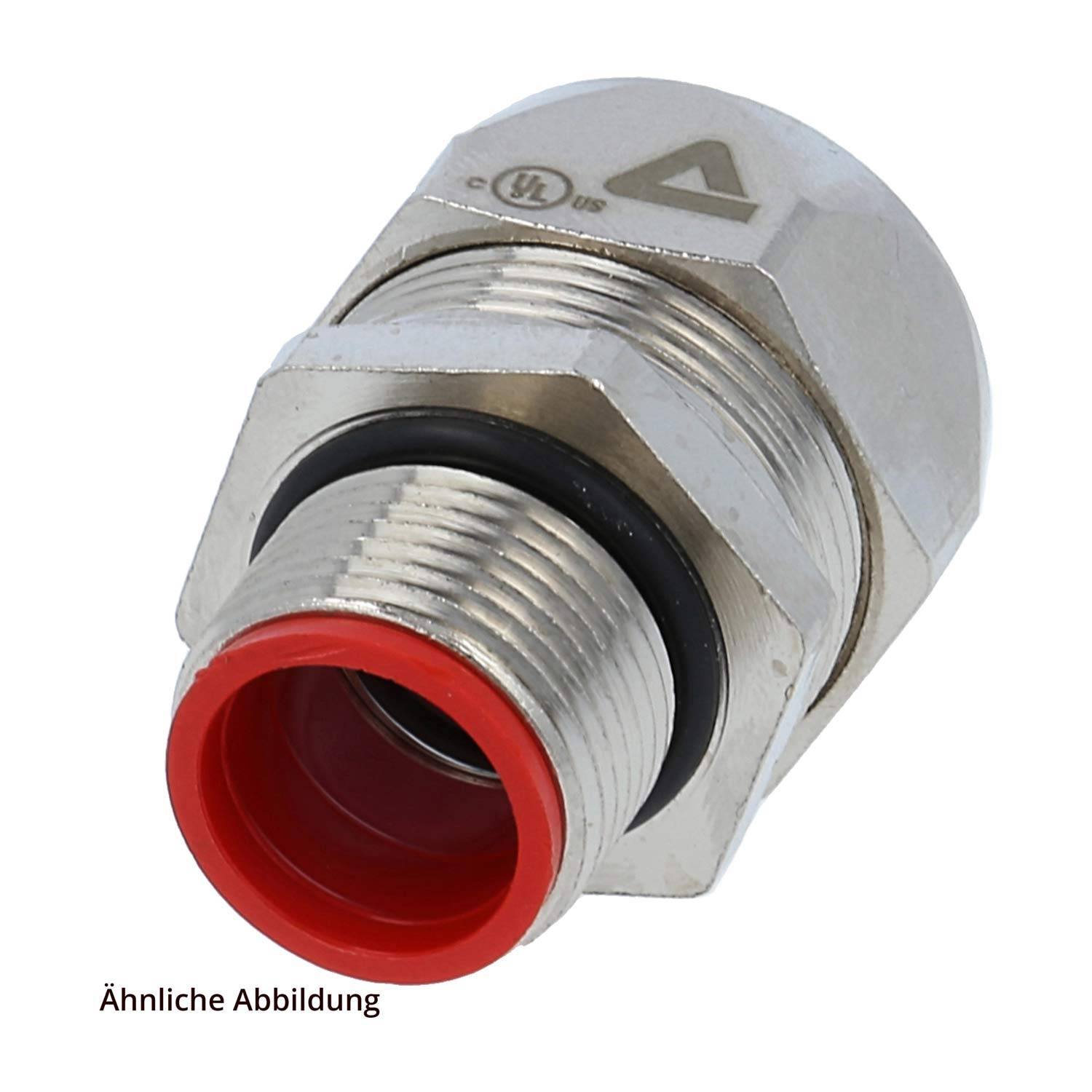 Ausführung ähnlich' Kabelverschraubung mit silberfarbenem Metallgehäuse und rotem Dichtungsring.