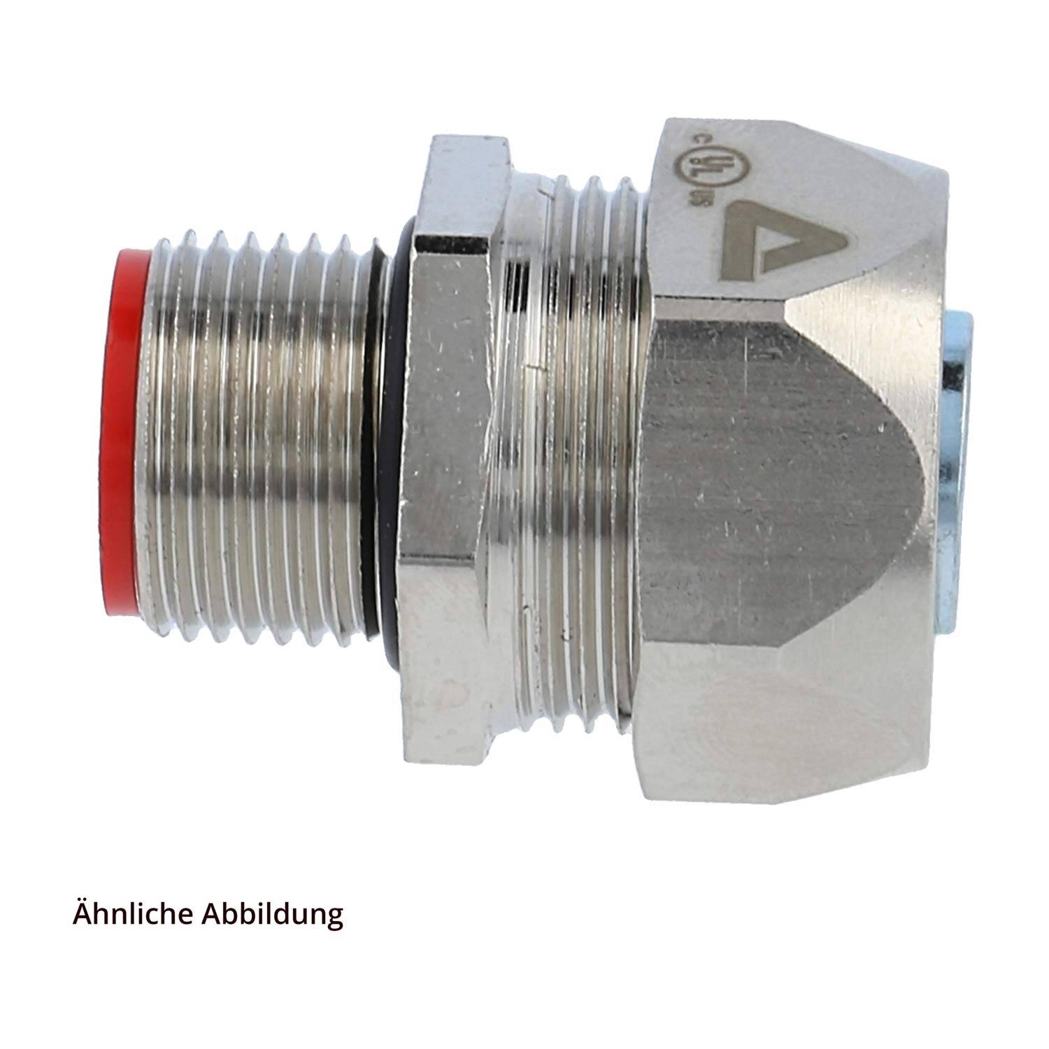Ein Metallgewindeverbinder mit sechskantiger Mutter, konzipiert für sichere Befestigung in pneumatischen oder hydraulischen Systemen. Seitenansicht.