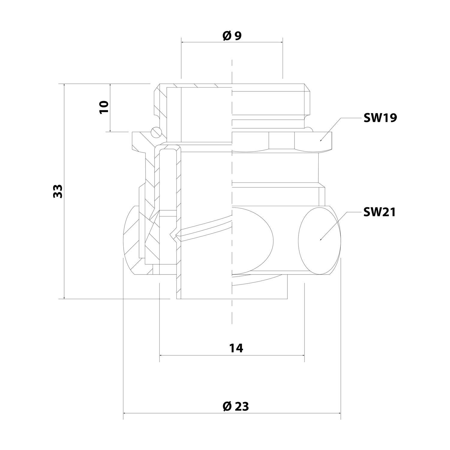 Technische Zeichnung eines mechanischen Bauteils mit Abmessungen: Höhe 33, Breite 23, Schlüsselweiten SW19 und SW21, sowie Kleindurchmesser 9.