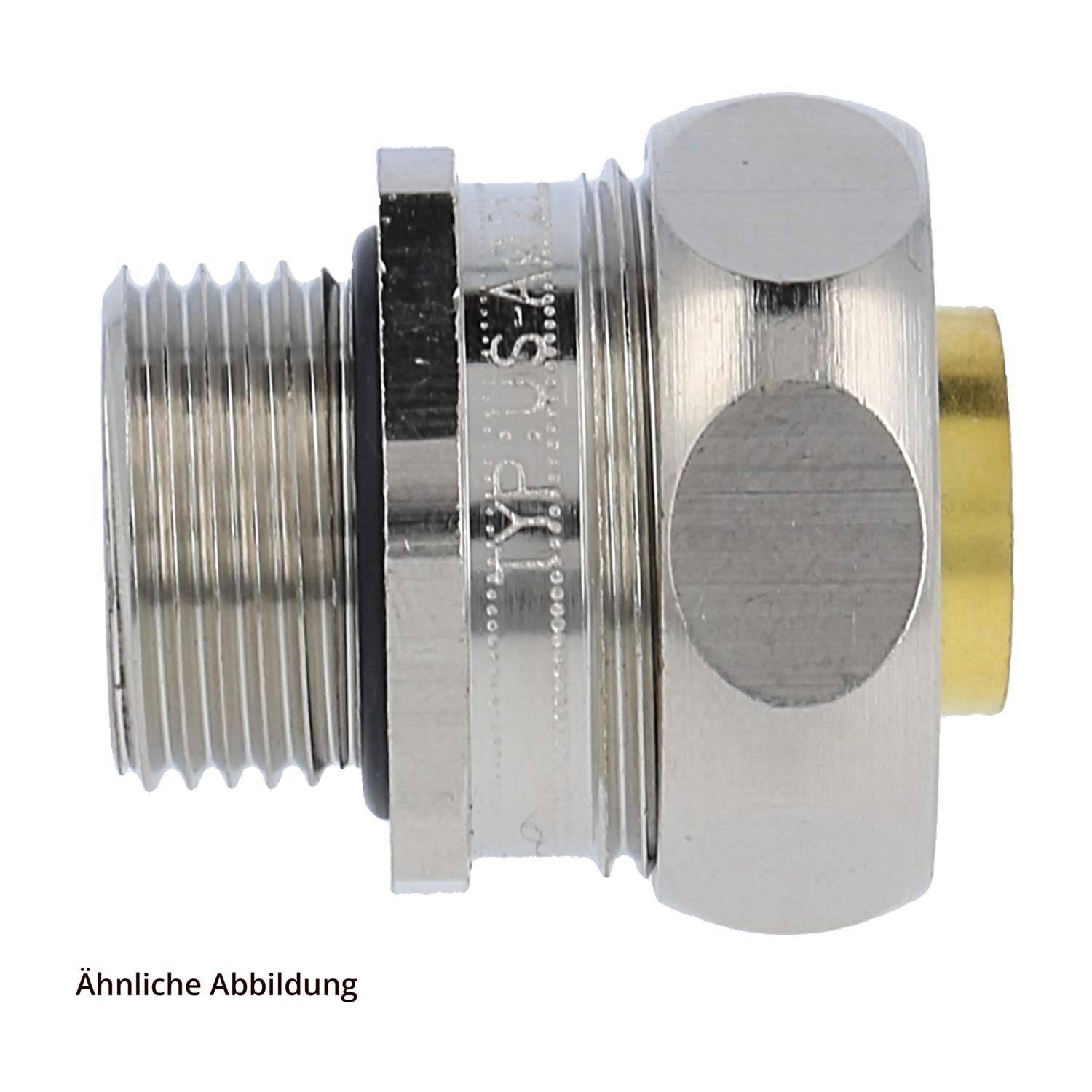 Eine Metallverschraubung mit sechskantiger Form und einem Messingring innen, die zum Verbinden von Rohren oder Kabeln verwendet wird.
