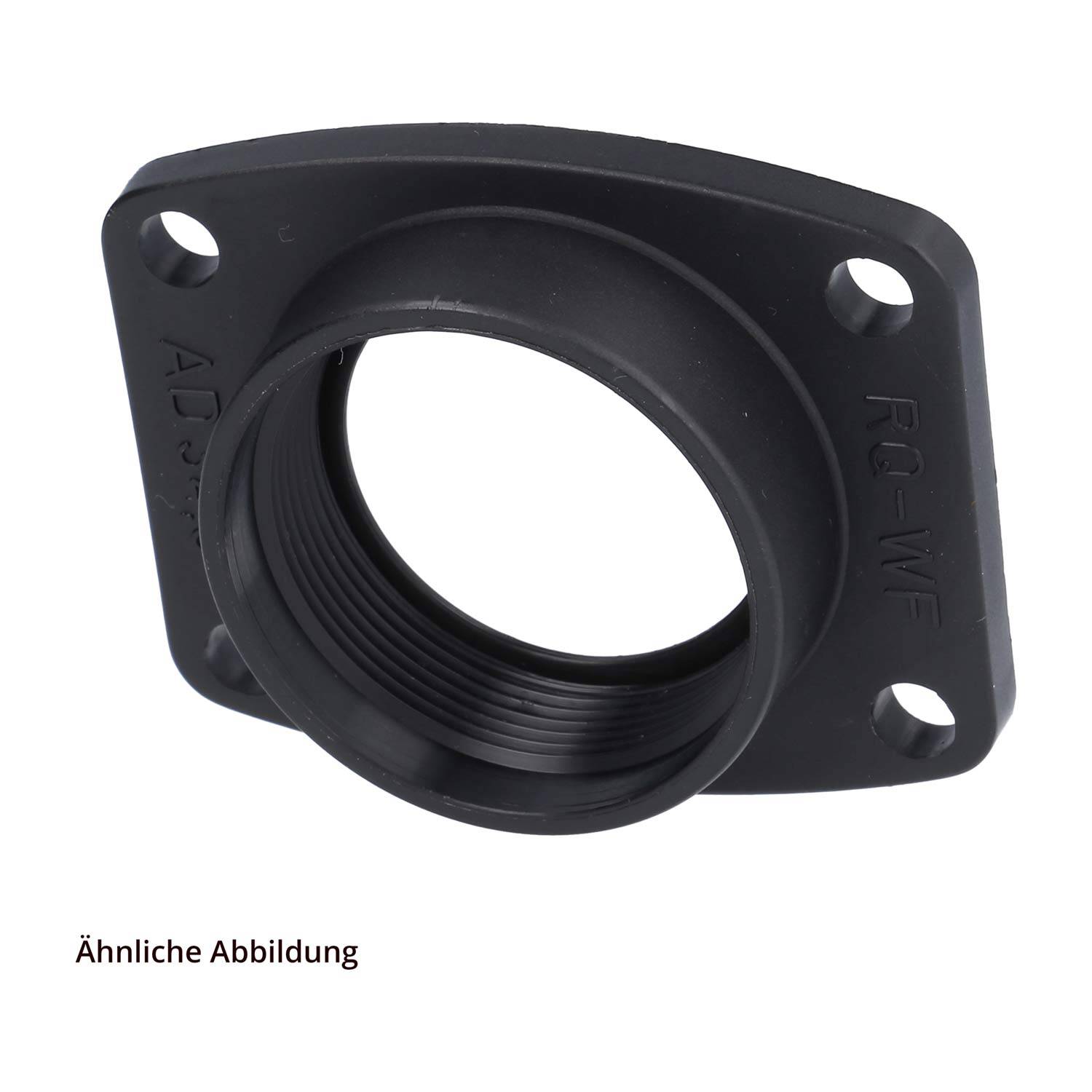 Ein schwarzer, kreisförmiger Plastikflansch mit quadratischer Basis und vier Befestigungslöchern.