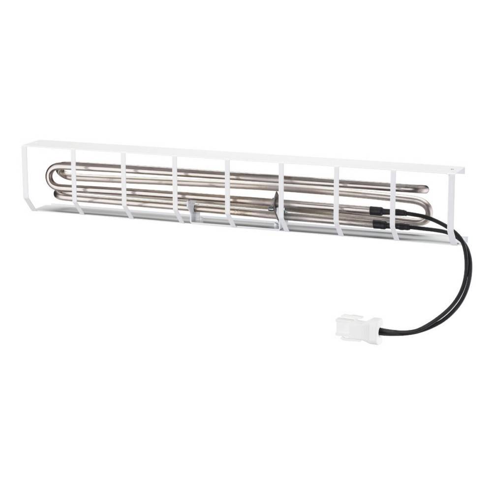 Ein Heizelement aus Edelstahl, das von einer weißen Metallschutzabdeckung umschlossen ist, mit einem schwarzen Netzkabel, das von der rechten Seite herausragt.