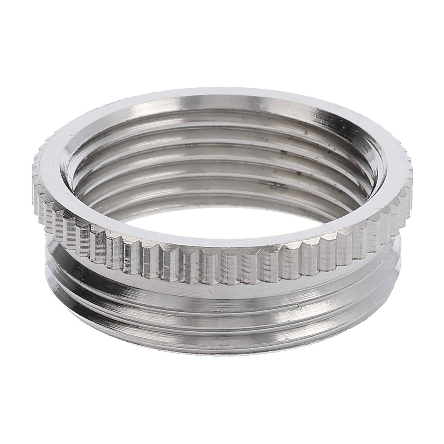Ein silberner Metallgewindering mit gerillten Kanten, entwickelt zum Sichern oder Verbinden zylindrischer Komponenten.
