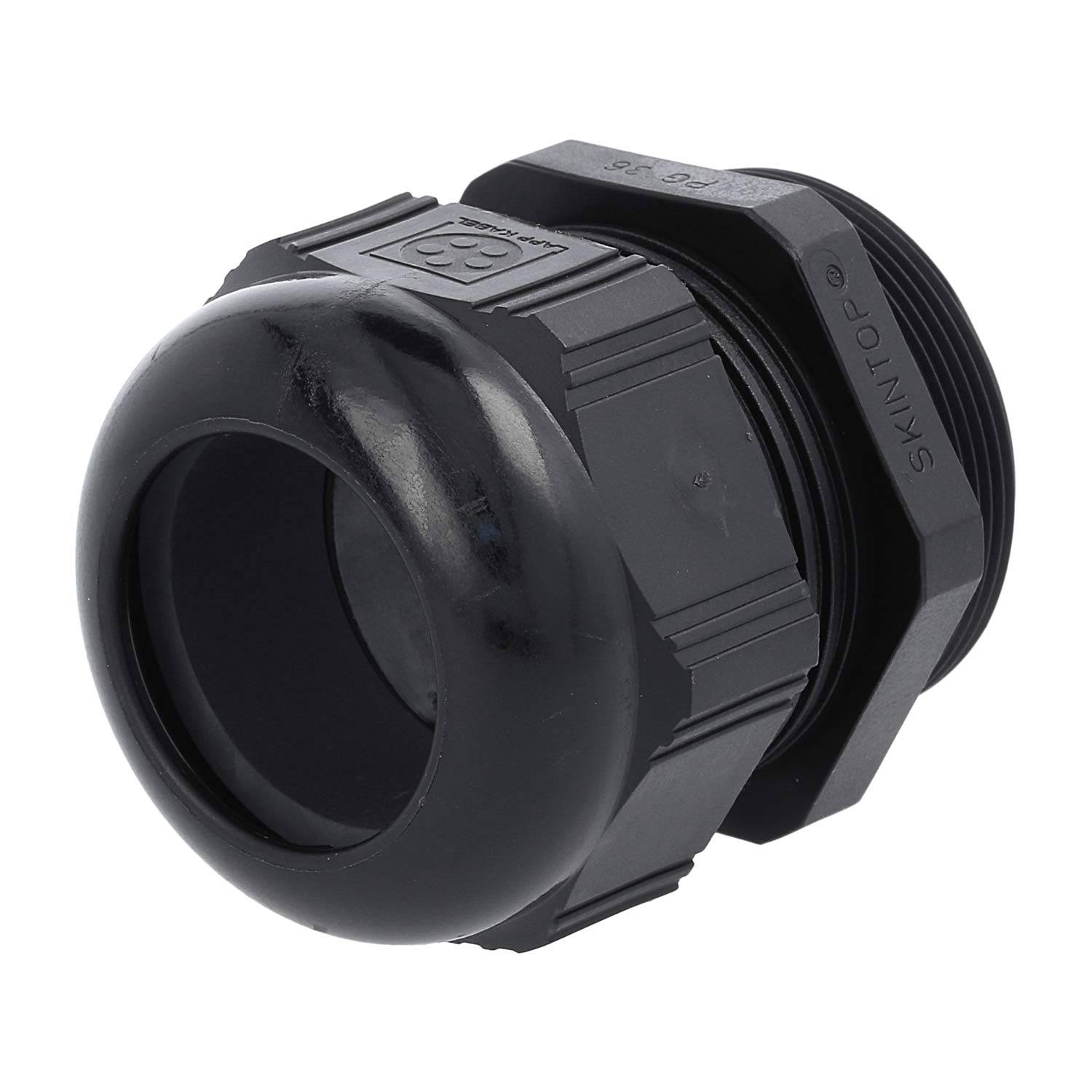Ein schwarzes Kabelverschraubung mit gerippten Seiten, entwickelt zum Sichern und Schützen von Elektrokabeln an Schalt- oder Geräte-Eintrittstellen.