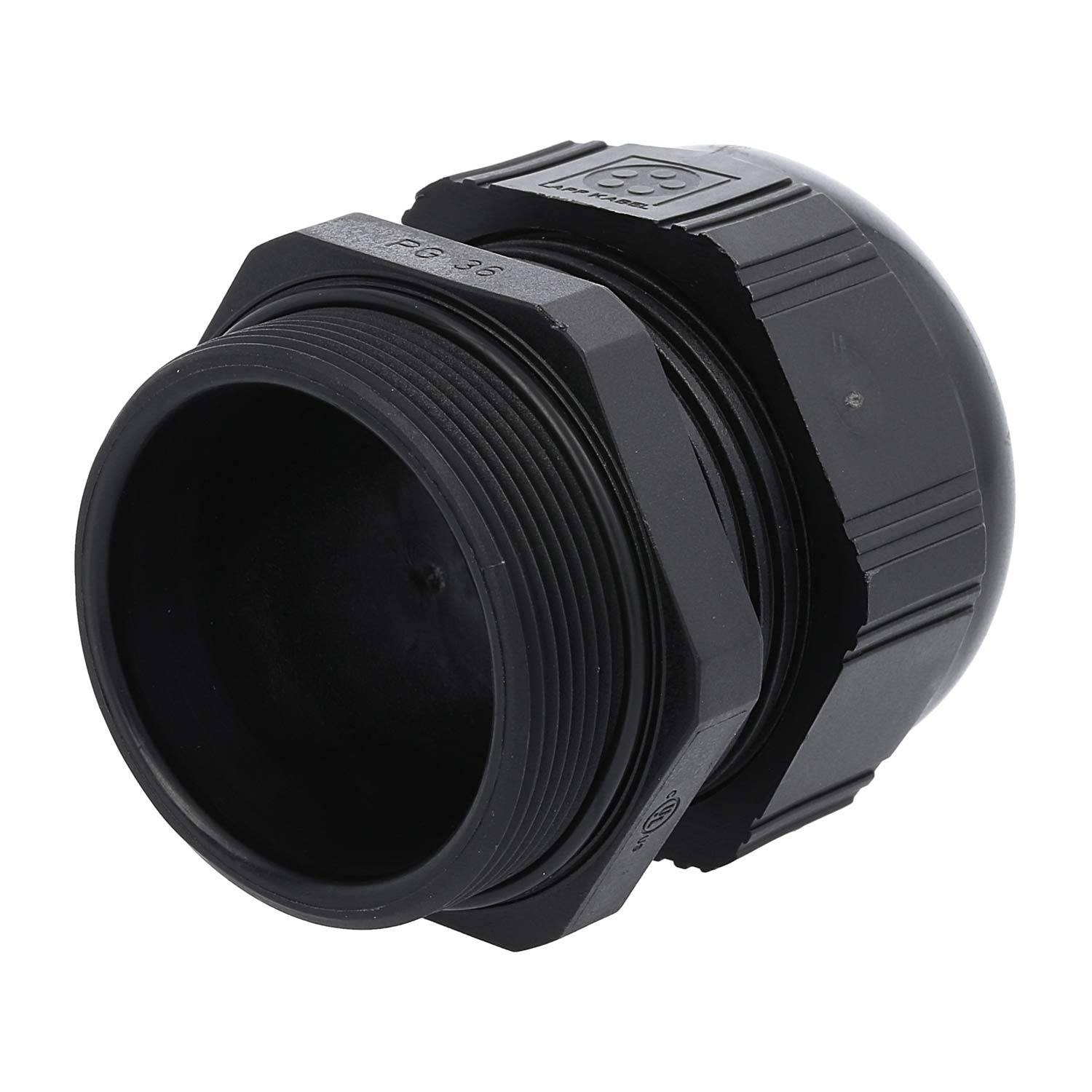 Ein schwarzes, gewindeförmiges Kunststoff-Kabelverschraubung mit Sechskantmutternform, entworfen zum Sichern und Abdichten von Kabeln, die in ein Gehäuse eindringen.