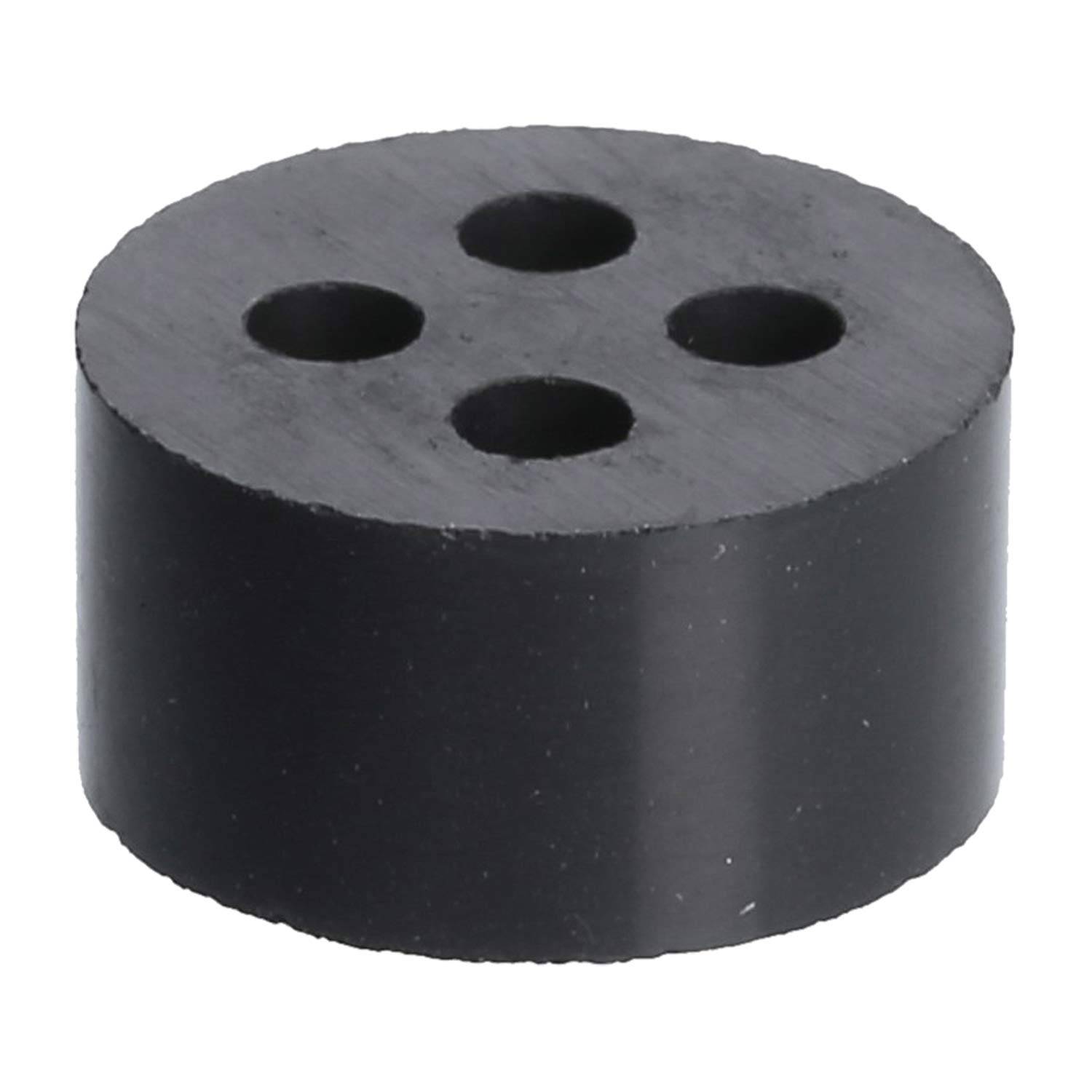 Ein schwarzer runder Gummistopfen mit vier gleichmäßig verteilten Löchern auf der Oberseite.