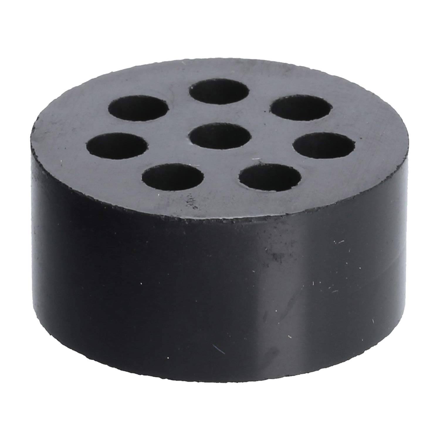 Ein schwarzer, kreisförmiger Gummistopfen mit acht gleichmäßig verteilten Löchern auf der Oberseite.
